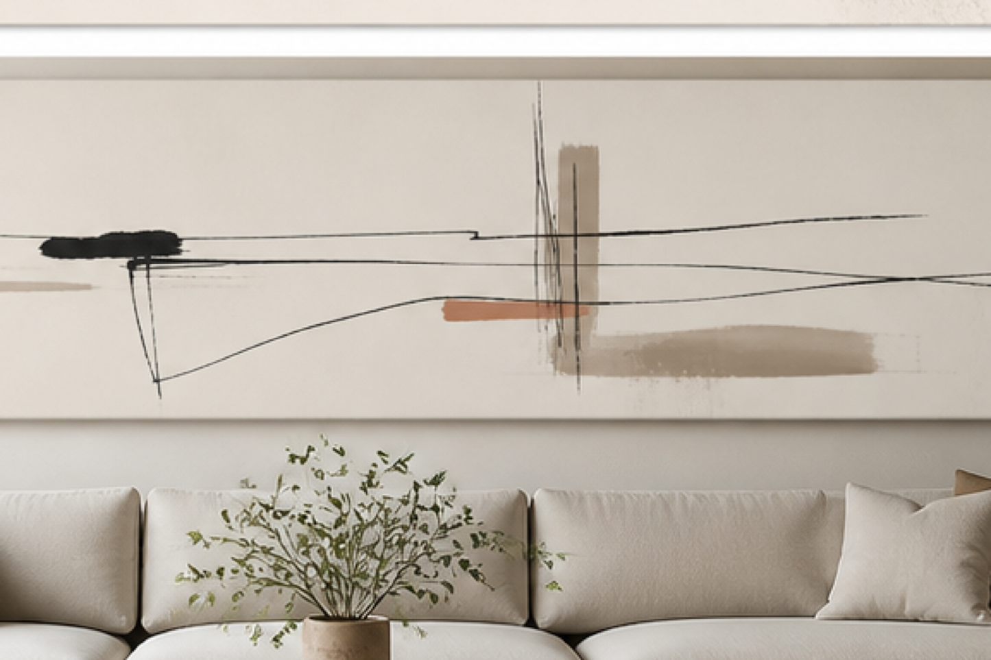 Linear Poise Minimalist Line Stretched Canvas in a modern neutral living room
