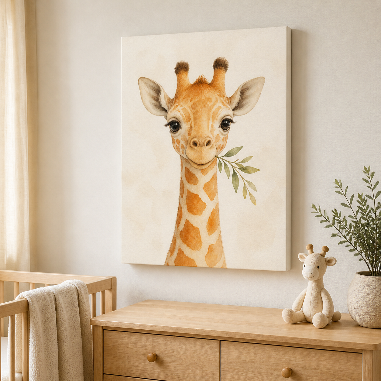 Little Giraffe Nursery Stretched Canvas Wall Art styled in a neutral Australian baby nursery