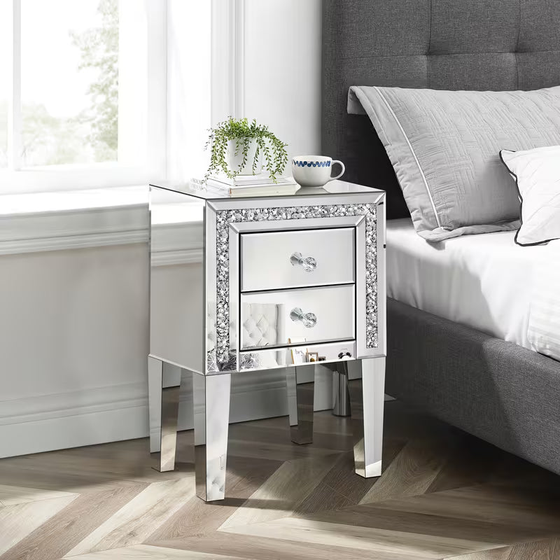 Luxurious Silvery Diamond Inlaid Mirrored Edge Table (with Crystal Handles), Double Drawer Storage Bedside Table, Suitable for Bedrooms, Living Rooms, And Foyer – view 1