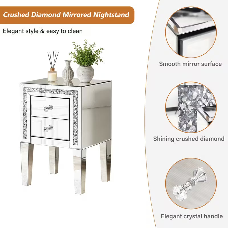 Luxurious Silvery Diamond Inlaid Mirrored Edge Table (with Crystal Handles), Double Drawer Storage Bedside Table, Suitable for Bedrooms, Living Rooms, And Foyer – view 2