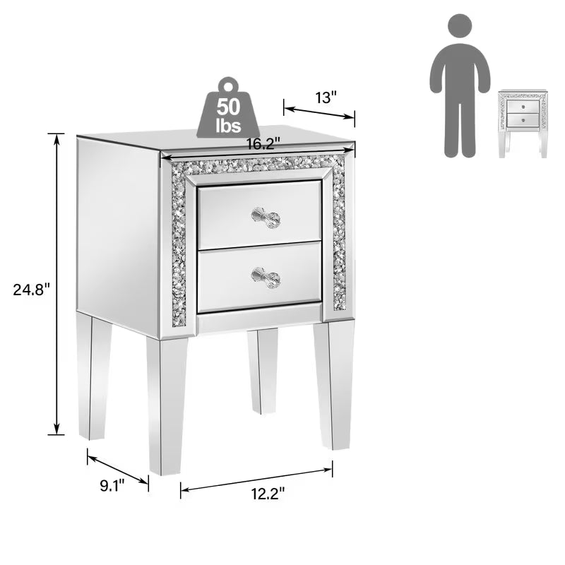 Luxurious Silvery Diamond Inlaid Mirrored Edge Table (with Crystal Handles), Double Drawer Storage Bedside Table, Suitable for Bedrooms, Living Rooms, And Foyer – view 3