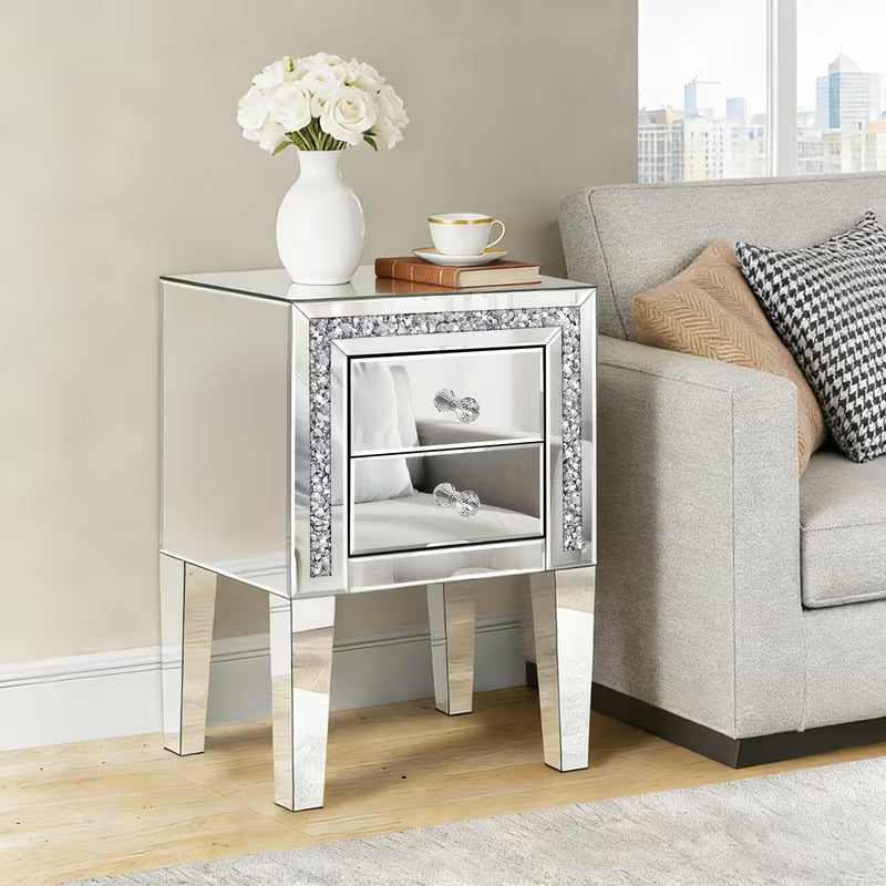 Luxurious Silvery Diamond Inlaid Mirrored Edge Table (with Crystal Handles), Double Drawer Storage Bedside Table, Suitable for Bedrooms, Living Rooms, And Foyer – view 5