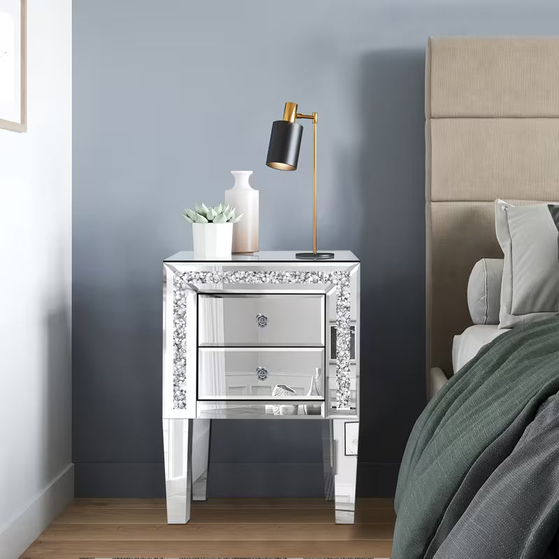 Luxurious Silvery Diamond Inlaid Mirrored Edge Table (with Crystal Handles), Double Drawer Storage Bedside Table, Suitable for Bedrooms, Living Rooms, And Foyer – view 6