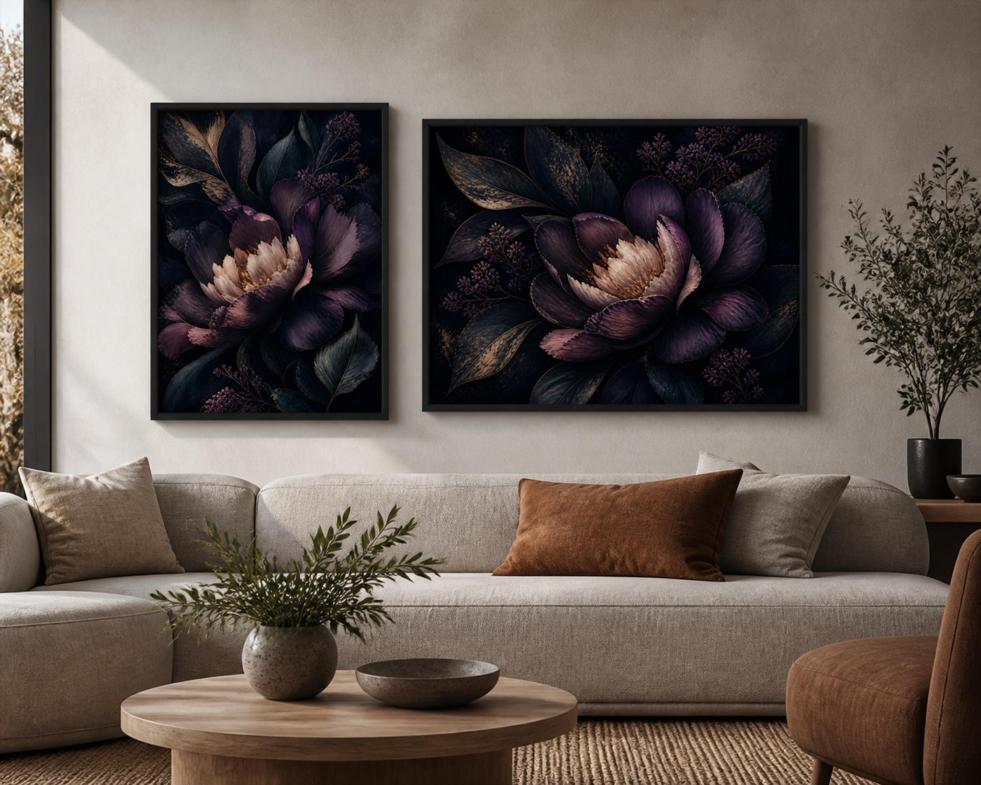 Midnight Flora black floating frame canvas in a contemporary living room