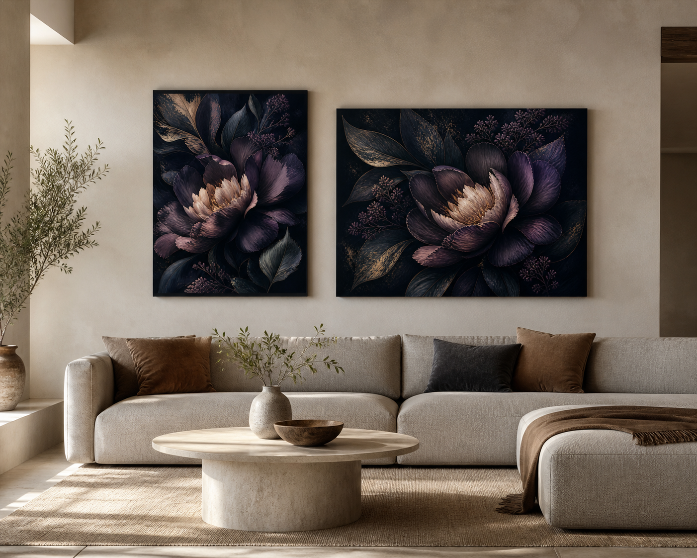 Midnight Flora stretched canvas in a contemporary living room