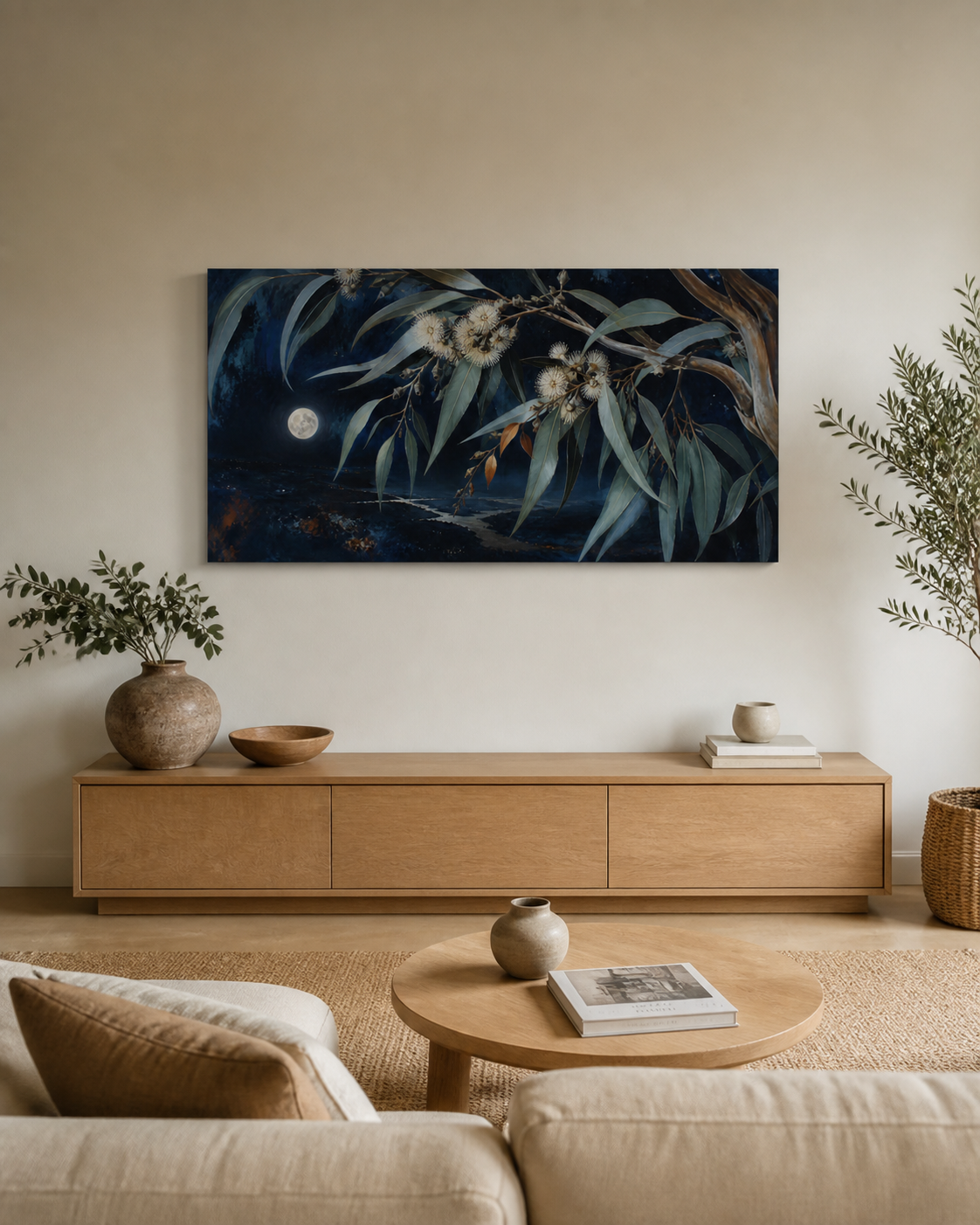 Midnight Gum Song stretched canvas wall art displayed in a neutral living room