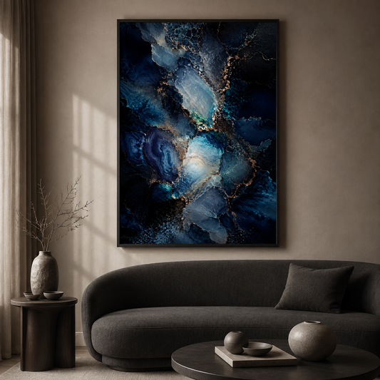 Midnight Opal navy abstract floating-framed canvas above a charcoal sofa