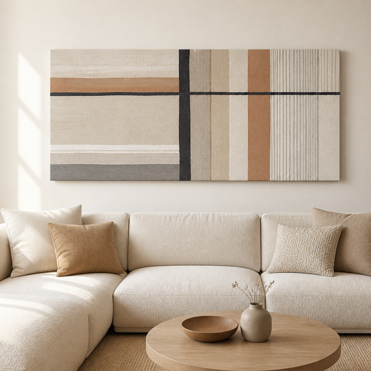Minimal Stripes Neutral Stretched Canvas displayed above a neutral sofa – lifestyle thumbnail