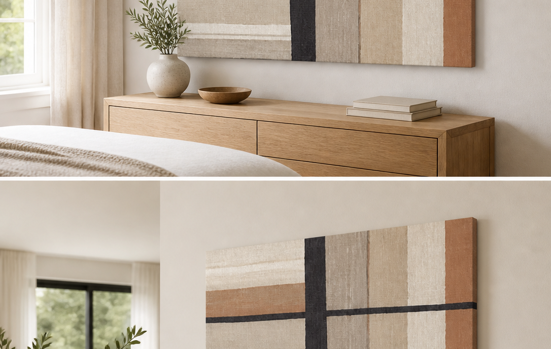 Minimal Stripes stretched canvas wall art in bedroom, left angle