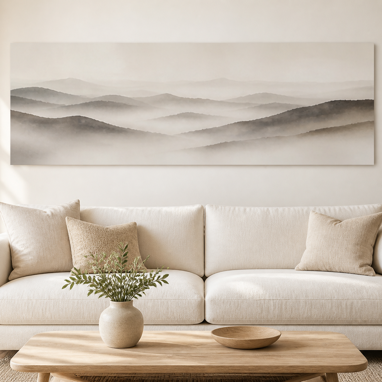 Misty Layers Neutral Landscape Stretched Canvas displayed above a neutral sofa – lifestyle thumbnail