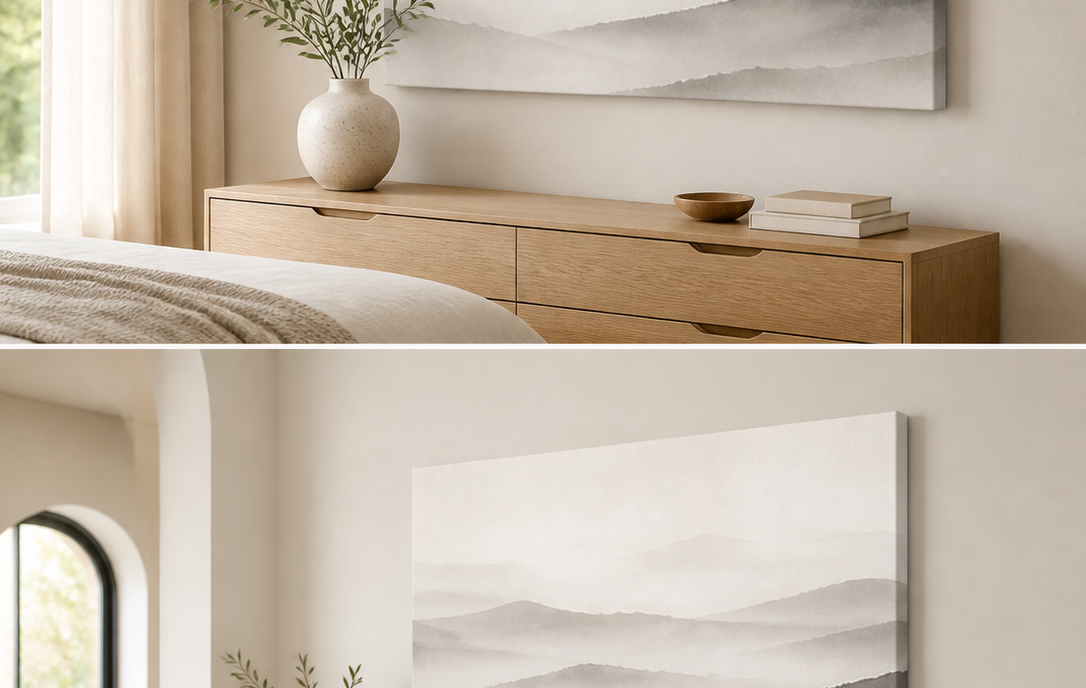 Misty Layers stretched canvas wall art in bedroom, left angle