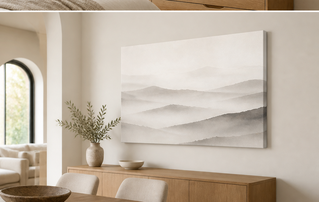 Misty Layers stretched canvas wall art in dining room, right angle