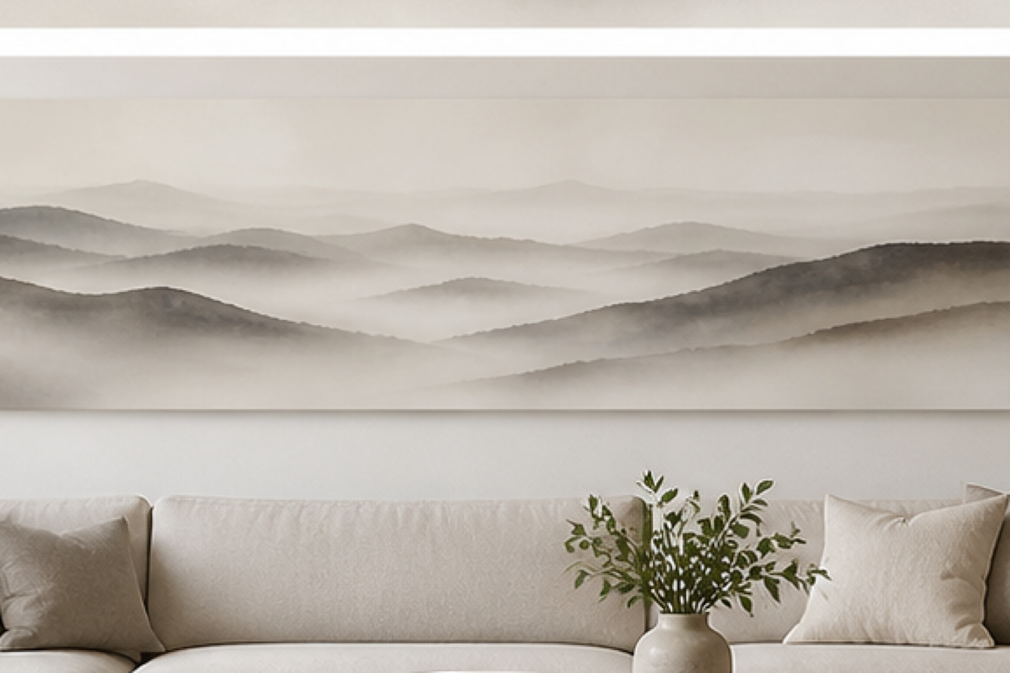 Misty Layers Neutral Landscape Stretched Canvas in a modern neutral living room