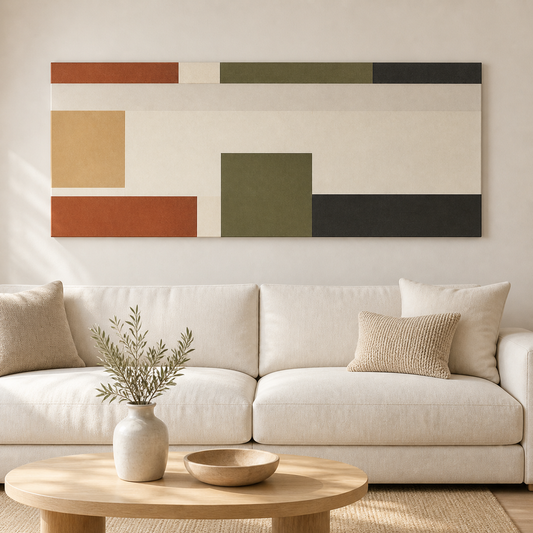 Modern Blocks Geometric Stretched Canvas displayed above a neutral sofa – lifestyle thumbnail
