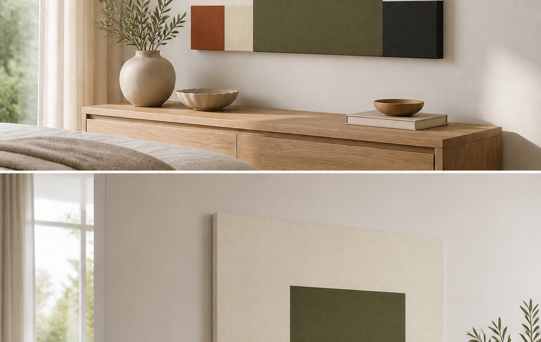 Modern Blocks stretched canvas wall art in bedroom, left angle