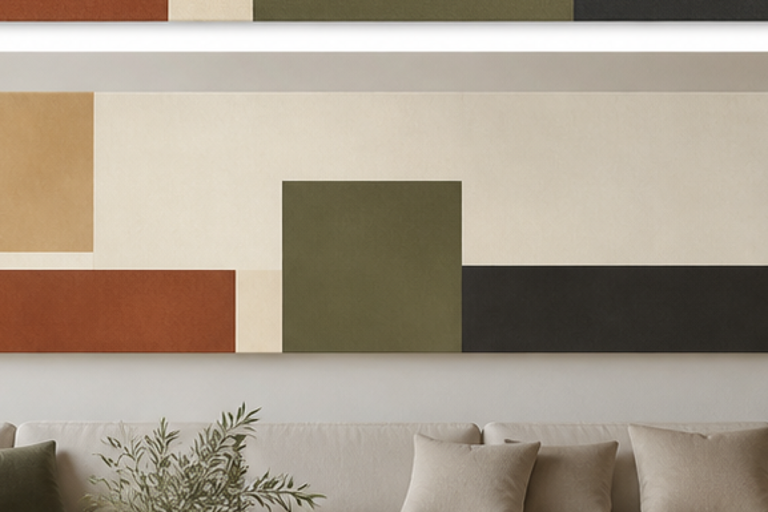 Modern Blocks Geometric Stretched Canvas in a modern neutral living room