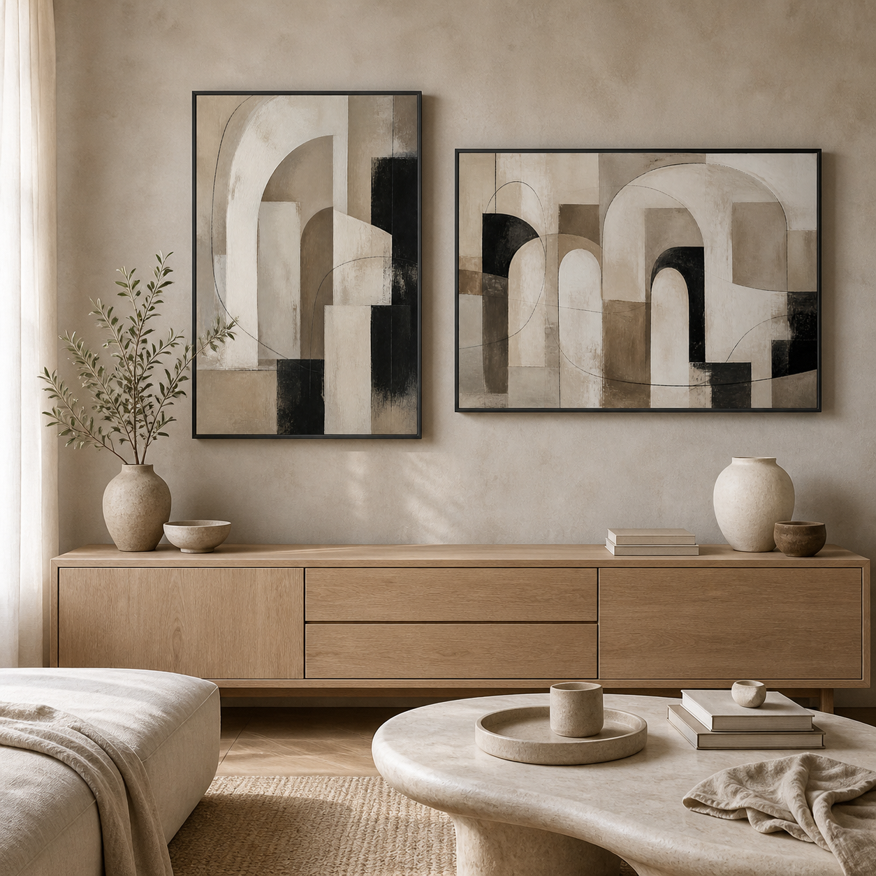 Monochrome Portals black floating frame canvas wall art in a contemporary living room, portrait and landscape