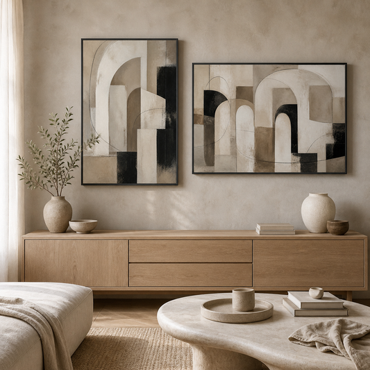 Monochrome Portals black floating frame canvas wall art in a contemporary living room, portrait and landscape