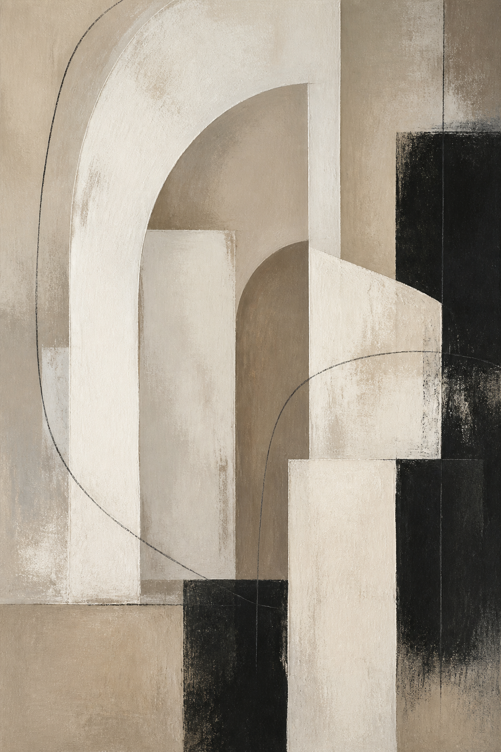 Monochrome Portals neutral architectural abstract canvas wall art, portrait orientation