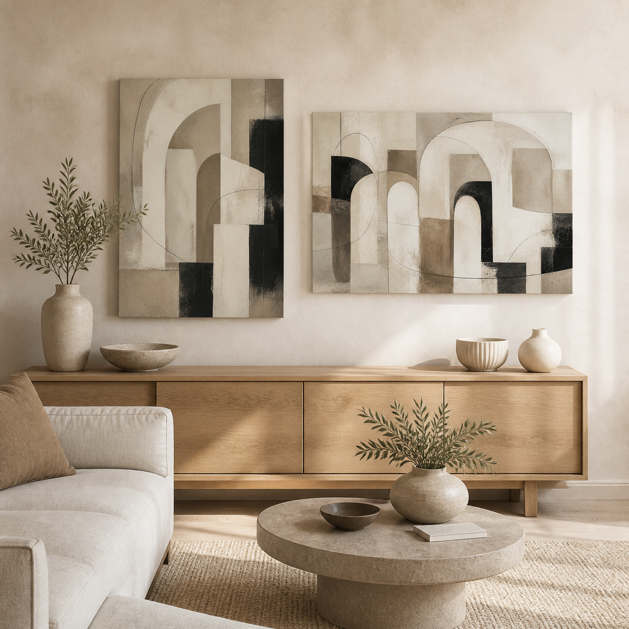Monochrome Portals stretched canvas wall art in a contemporary living room, portrait and landscape