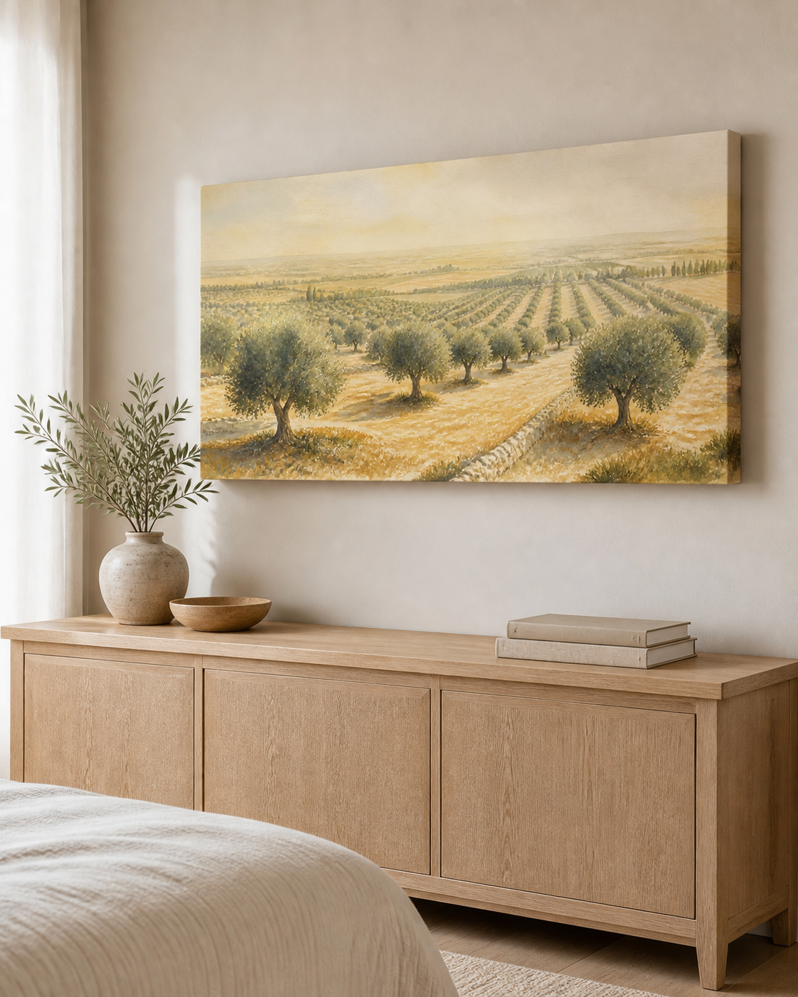 Morning Orchard stretched canvas wall art from a left interior angle