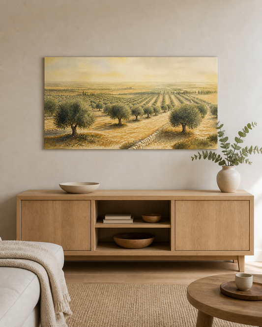 Morning Orchard stretched canvas wall art in a neutral living room, thumbnail view