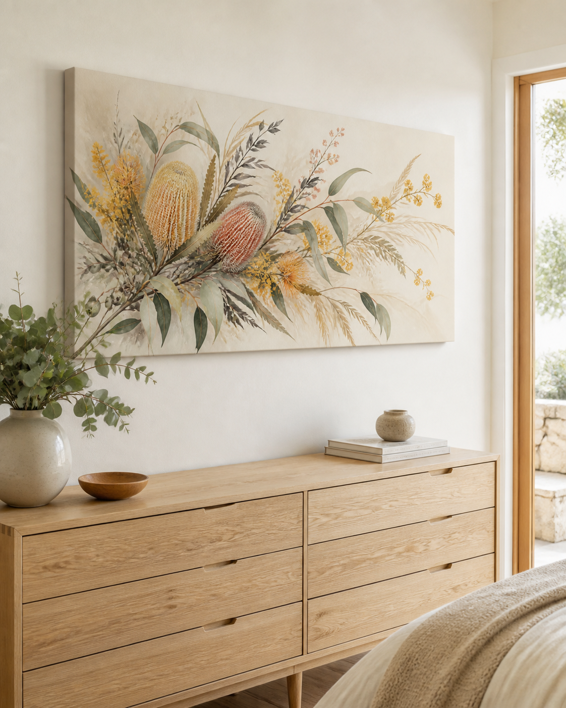 Native Bloom Drift stretched canvas wall art from a left interior angle