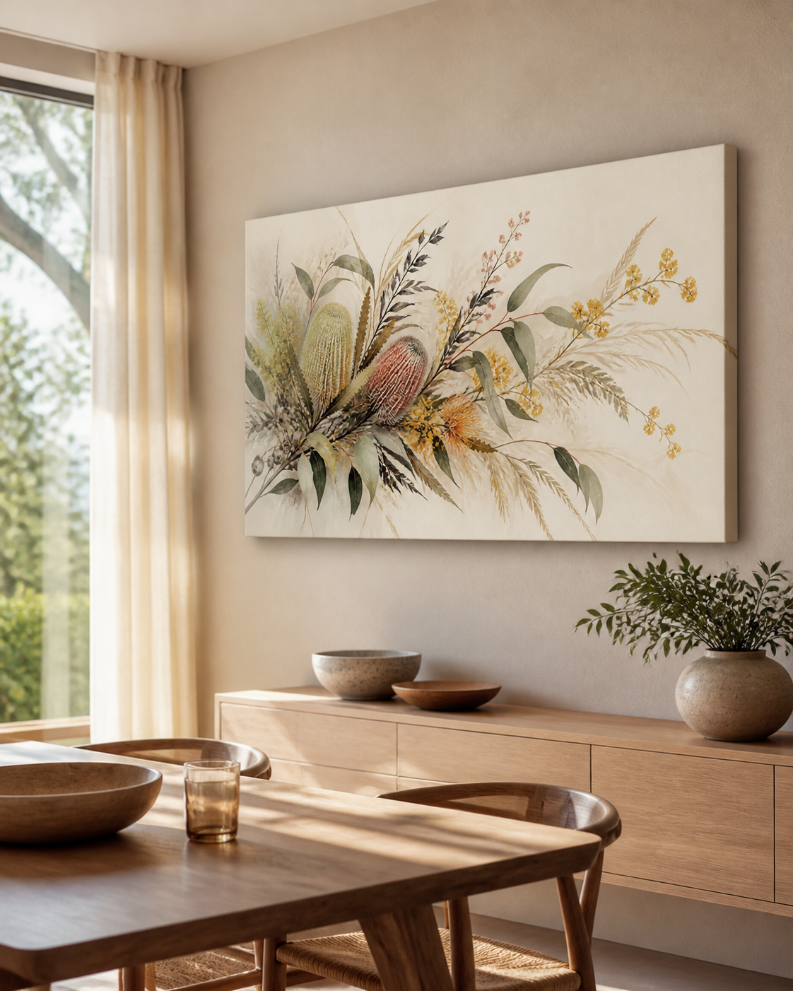 Native Bloom Drift stretched canvas wall art from a right interior angle