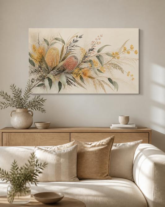 Native Bloom Drift stretched canvas wall art displayed in a neutral living room