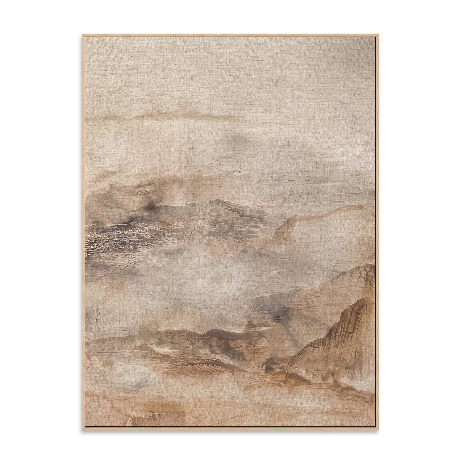 Neutral mountain landscape canvas with birch floating frame
