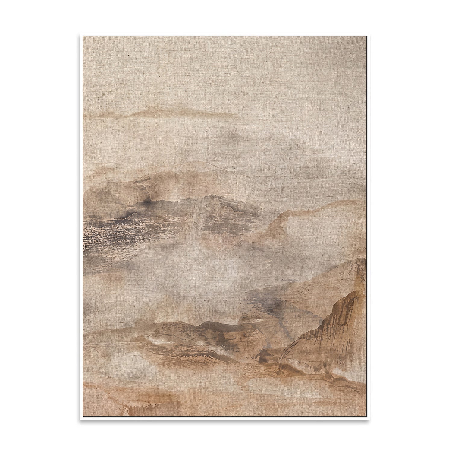 Neutral mountain landscape canvas with white floating frame