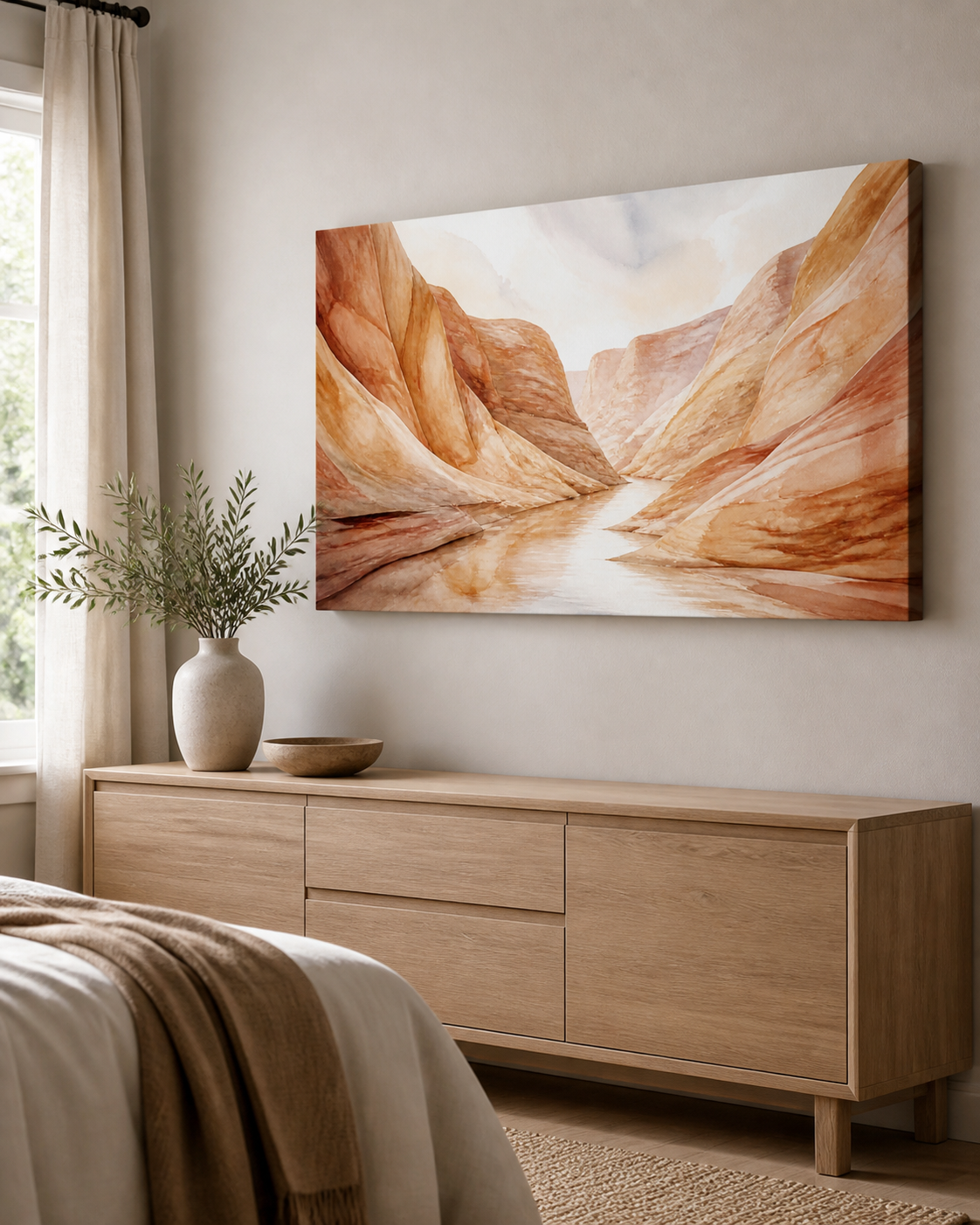 Ochre Canyon stretched canvas wall art from a left interior angle