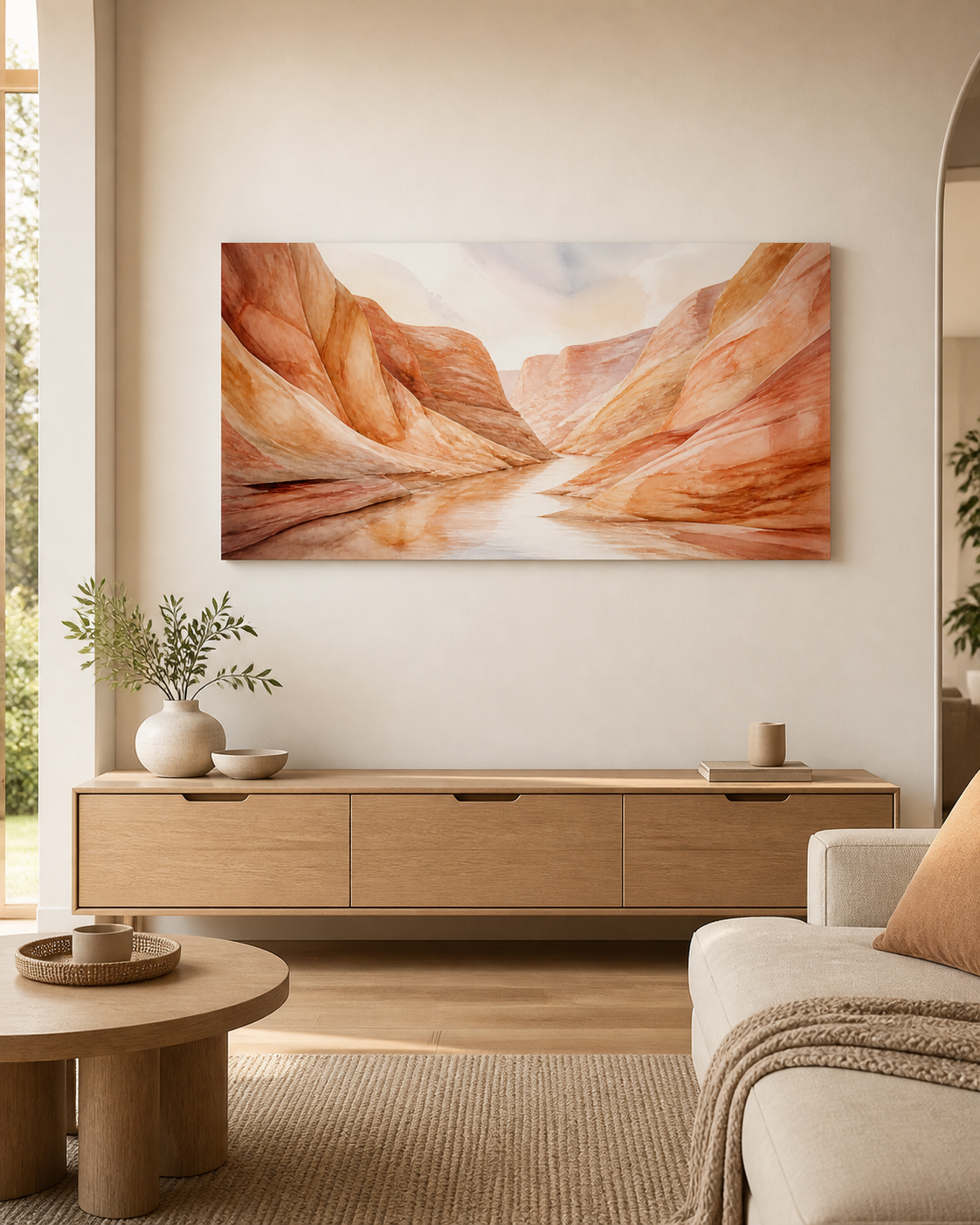 Ochre Canyon stretched canvas wall art in a neutral living room, thumbnail view
