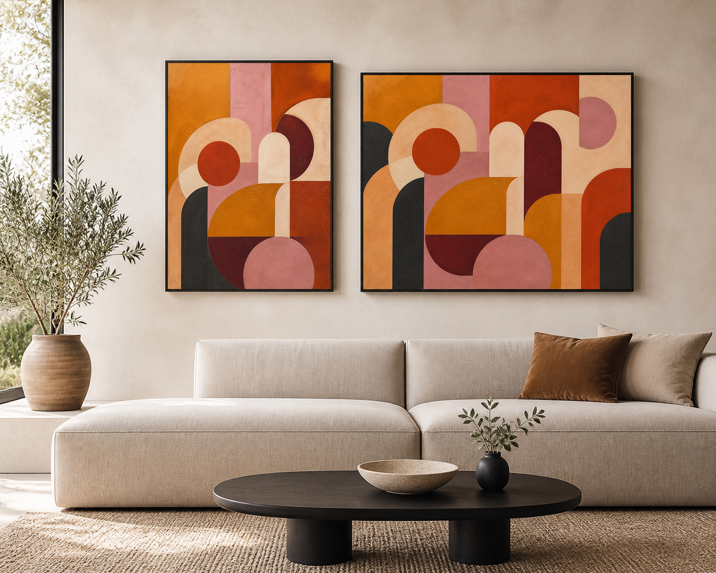 Ochre Rhythm black floating frame canvas in a contemporary living room