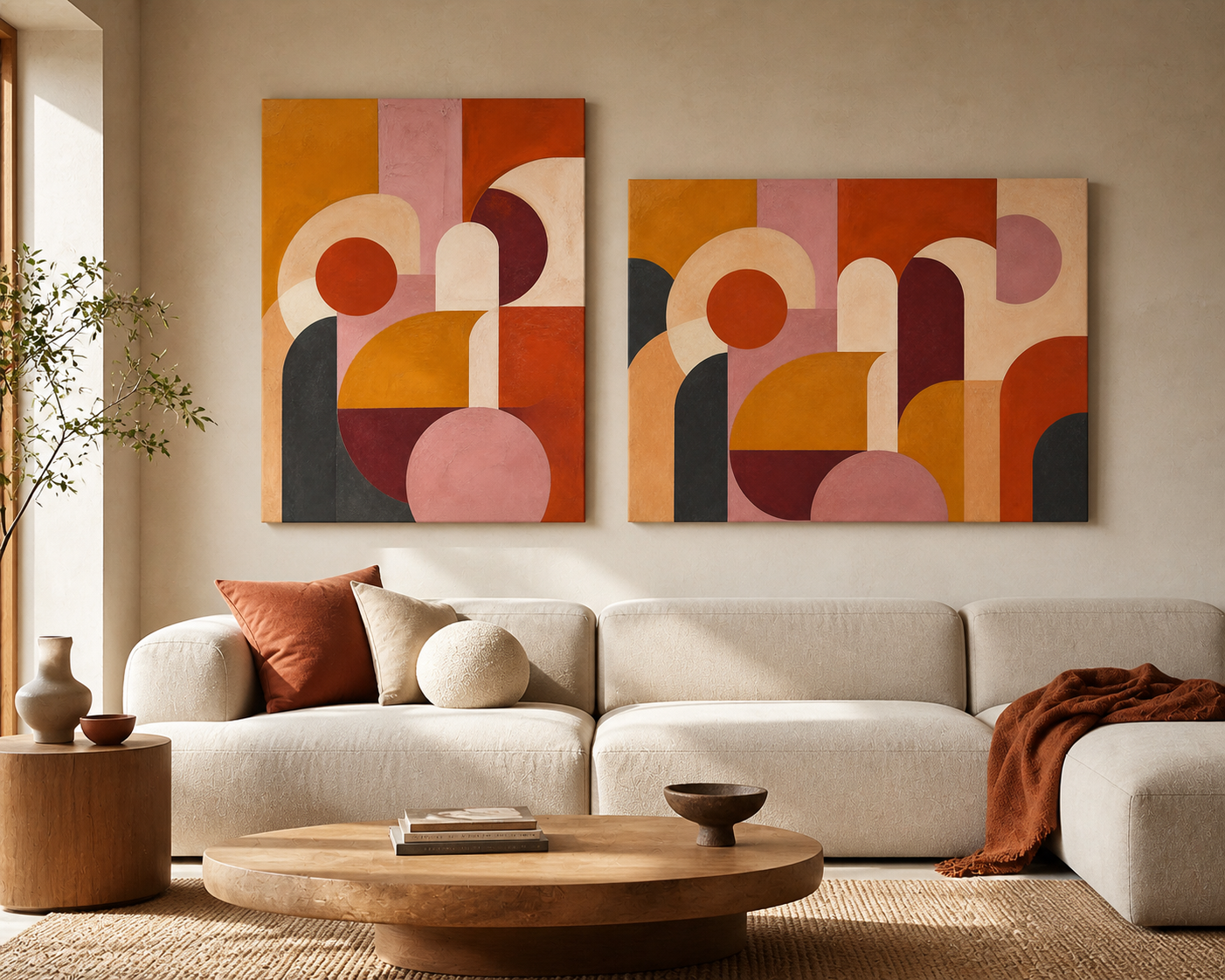 Ochre Rhythm stretched canvas in a contemporary living room