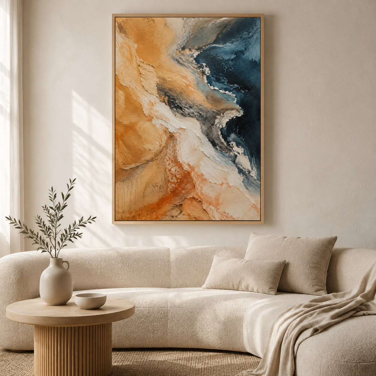 Ochre Tides coastal abstract floating-framed canvas displayed above a neutral sofa