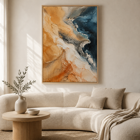 Ochre Tides coastal abstract floating-framed canvas displayed above a neutral sofa