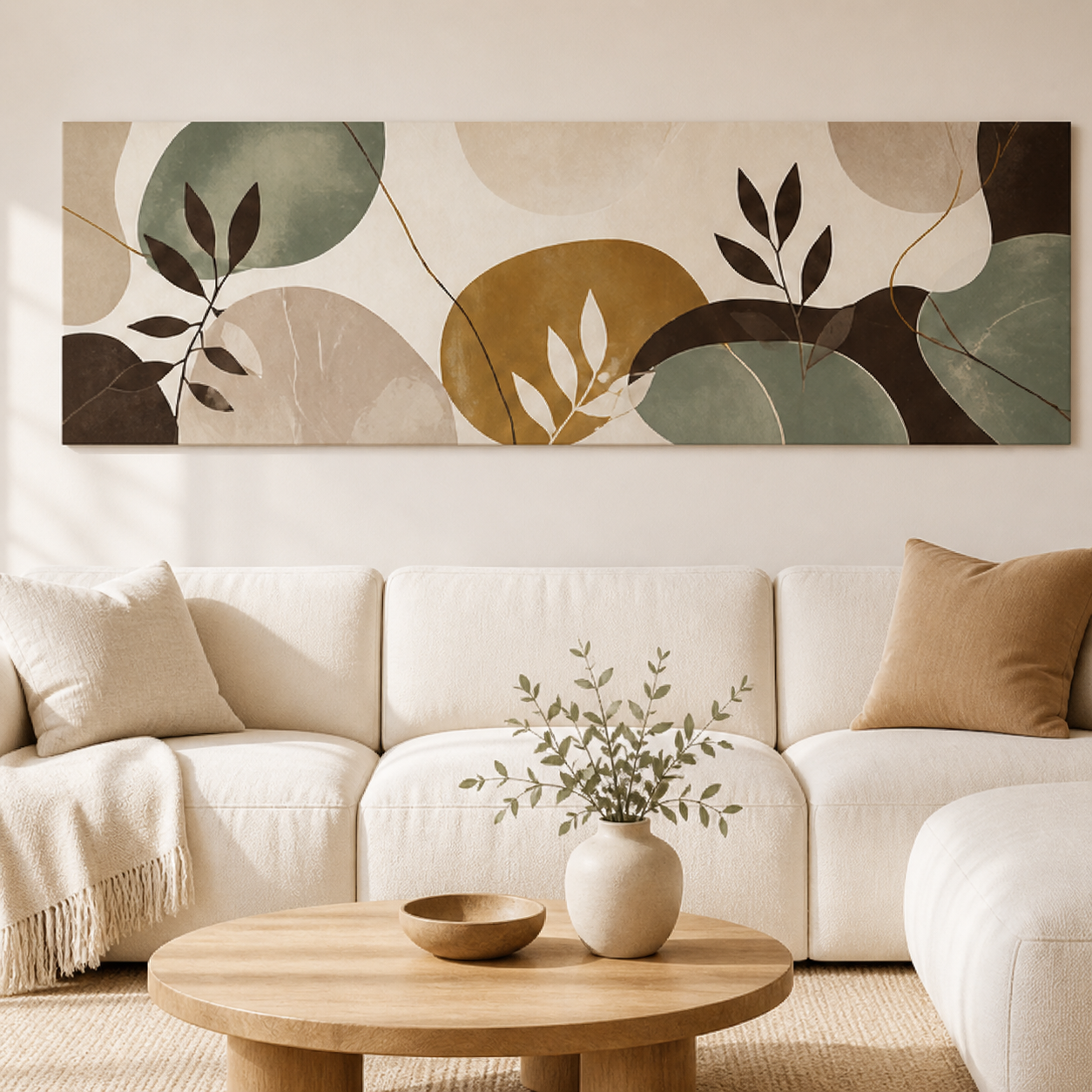 Organic Harmony Abstract Stretched Canvas displayed above a neutral sofa – lifestyle thumbnail