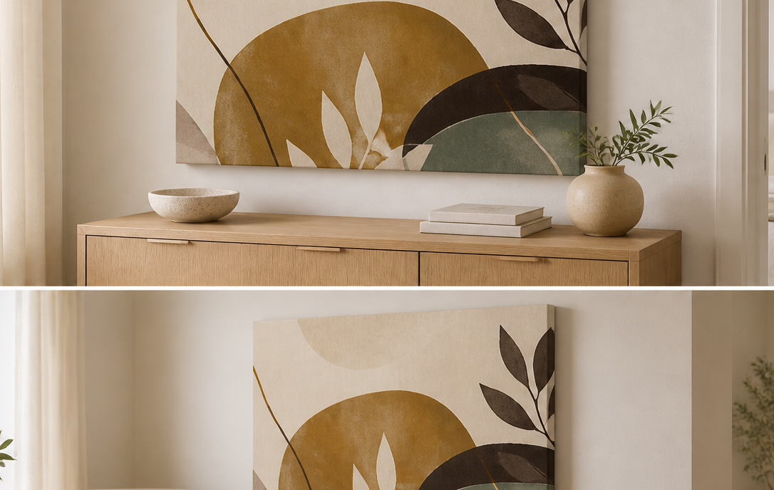 Organic Harmony stretched canvas wall art in bedroom, left angle