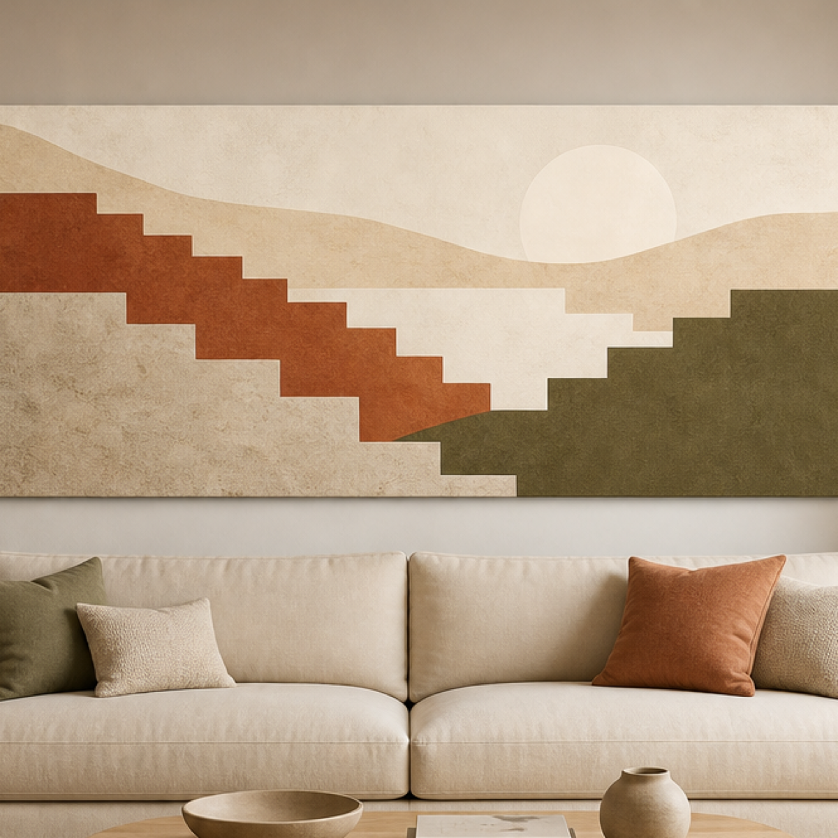 Quiet Ascent Geometric Stretched Canvas displayed above a neutral sofa – lifestyle thumbnail