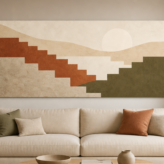 Quiet Ascent Geometric Stretched Canvas displayed above a neutral sofa – lifestyle thumbnail