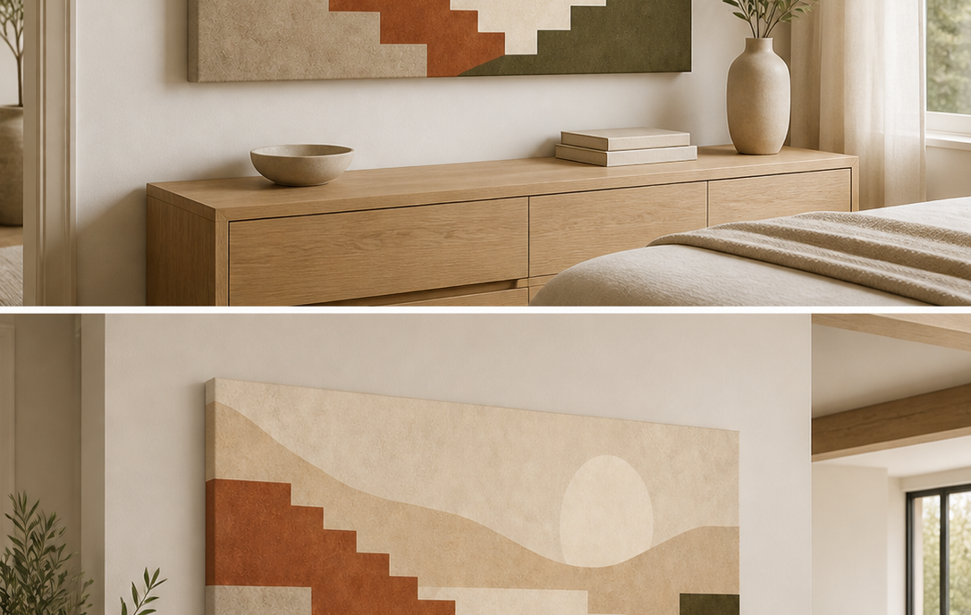 Quiet Ascent stretched canvas wall art in bedroom, left angle