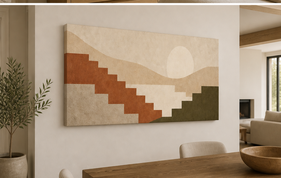 Quiet Ascent stretched canvas wall art in dining room, right angle