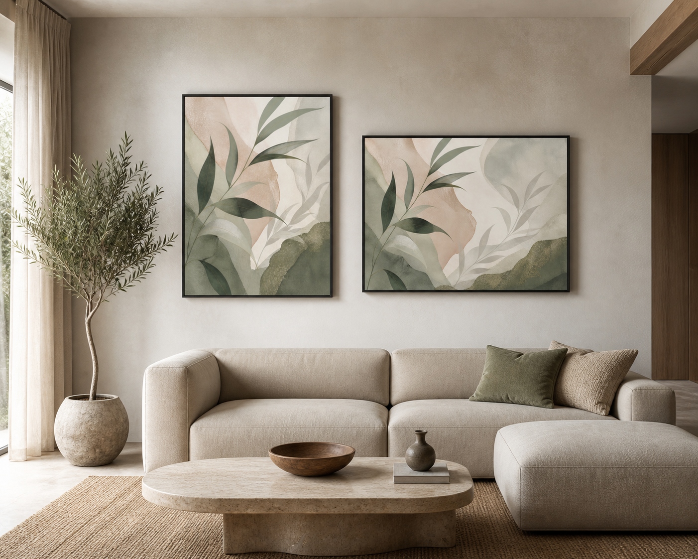 Quiet Eucalyptus black floating frame canvas in a contemporary living room