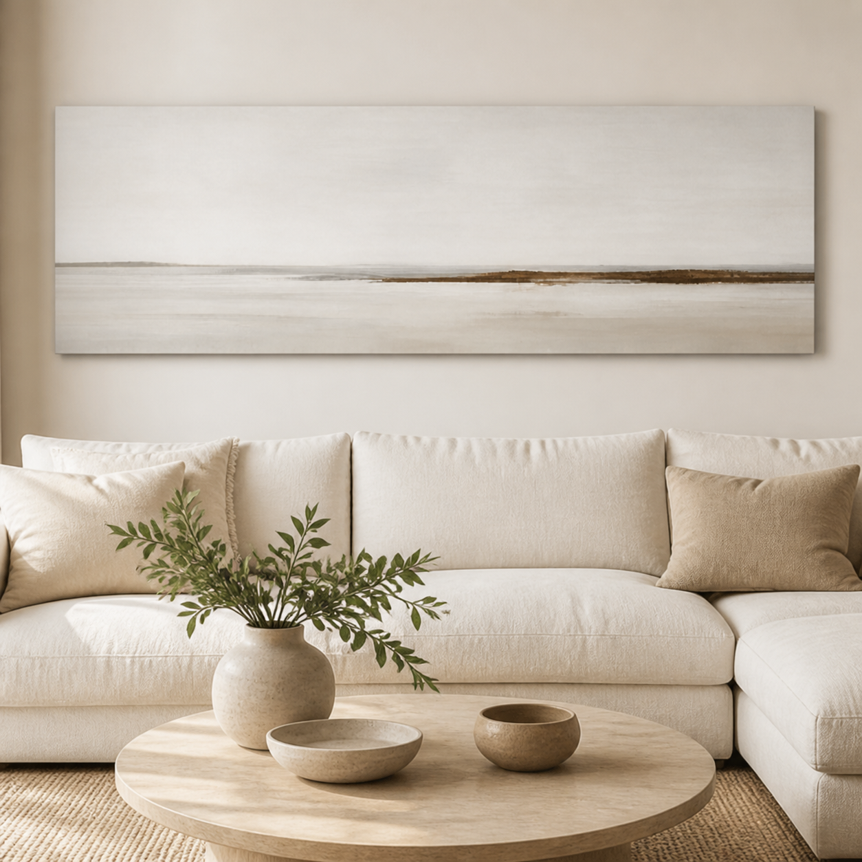 Quiet Horizon Neutral Minimalist Stretched Canvas displayed above a neutral sofa – lifestyle thumbnail
