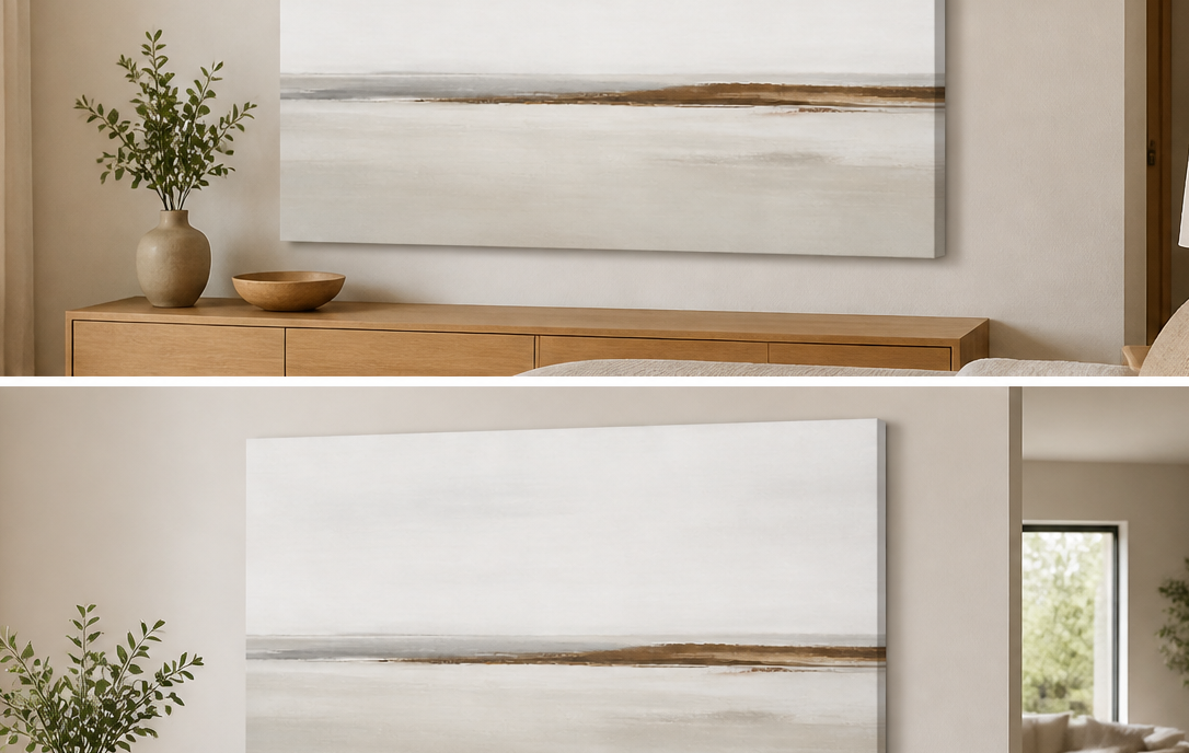 Quiet Horizon stretched canvas wall art in bedroom, left angle