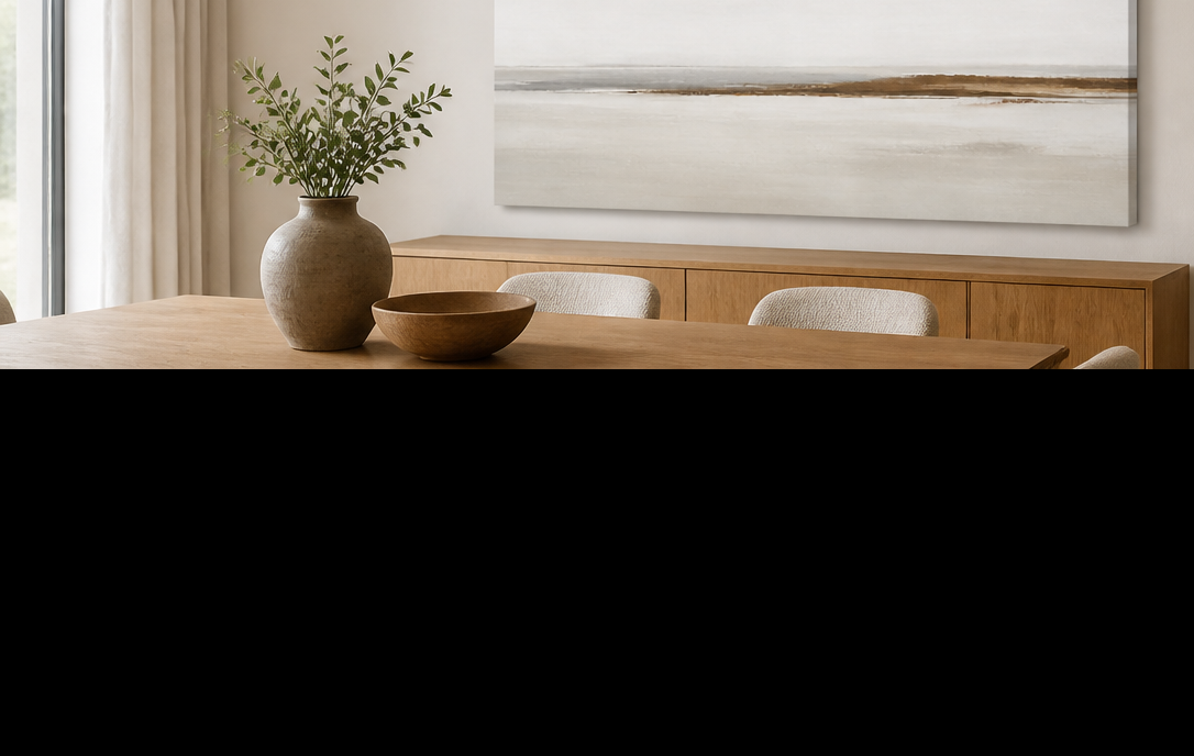 Quiet Horizon stretched canvas wall art in dining room, right angle