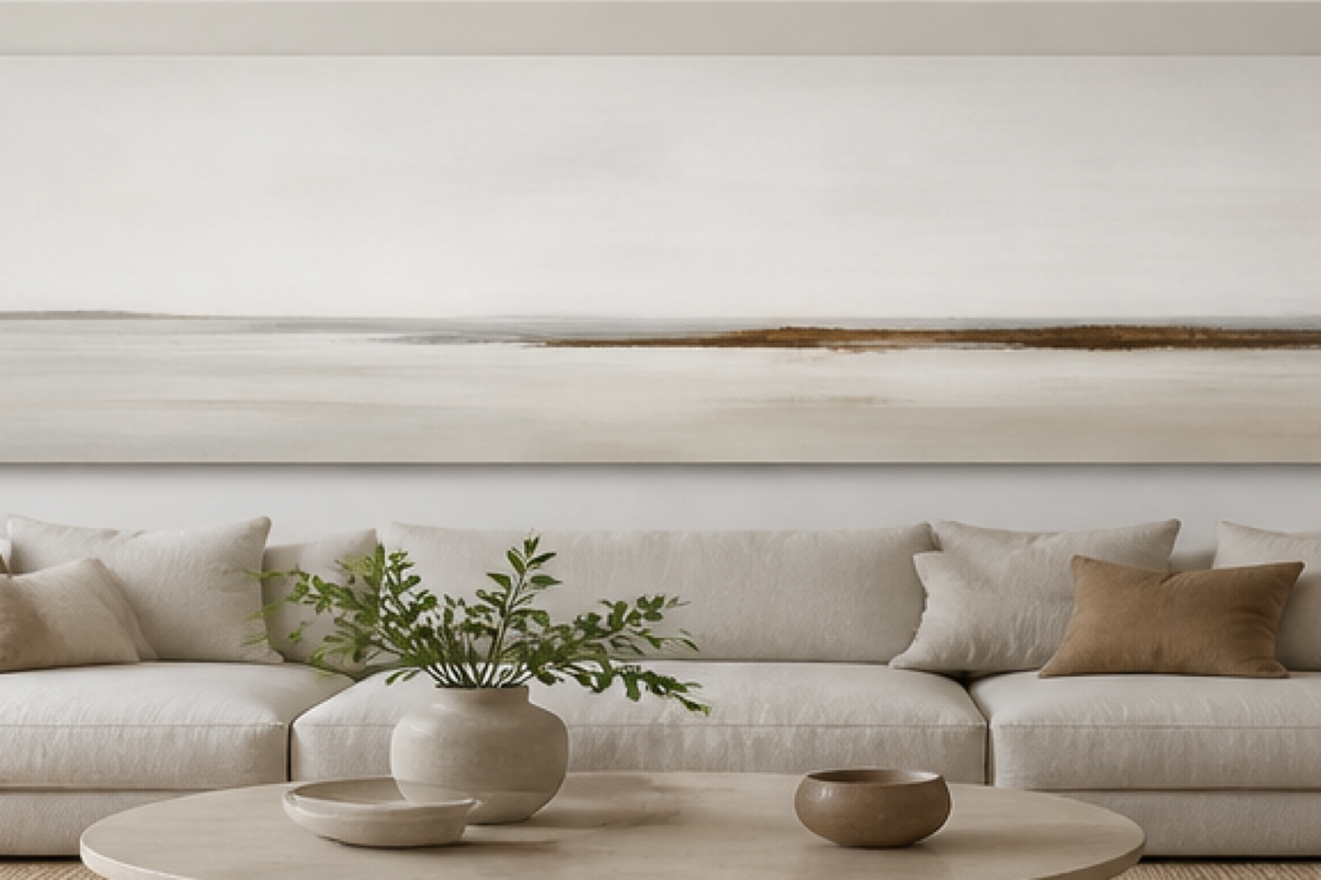 Quiet Horizon Neutral Minimalist Stretched Canvas in a modern neutral living room