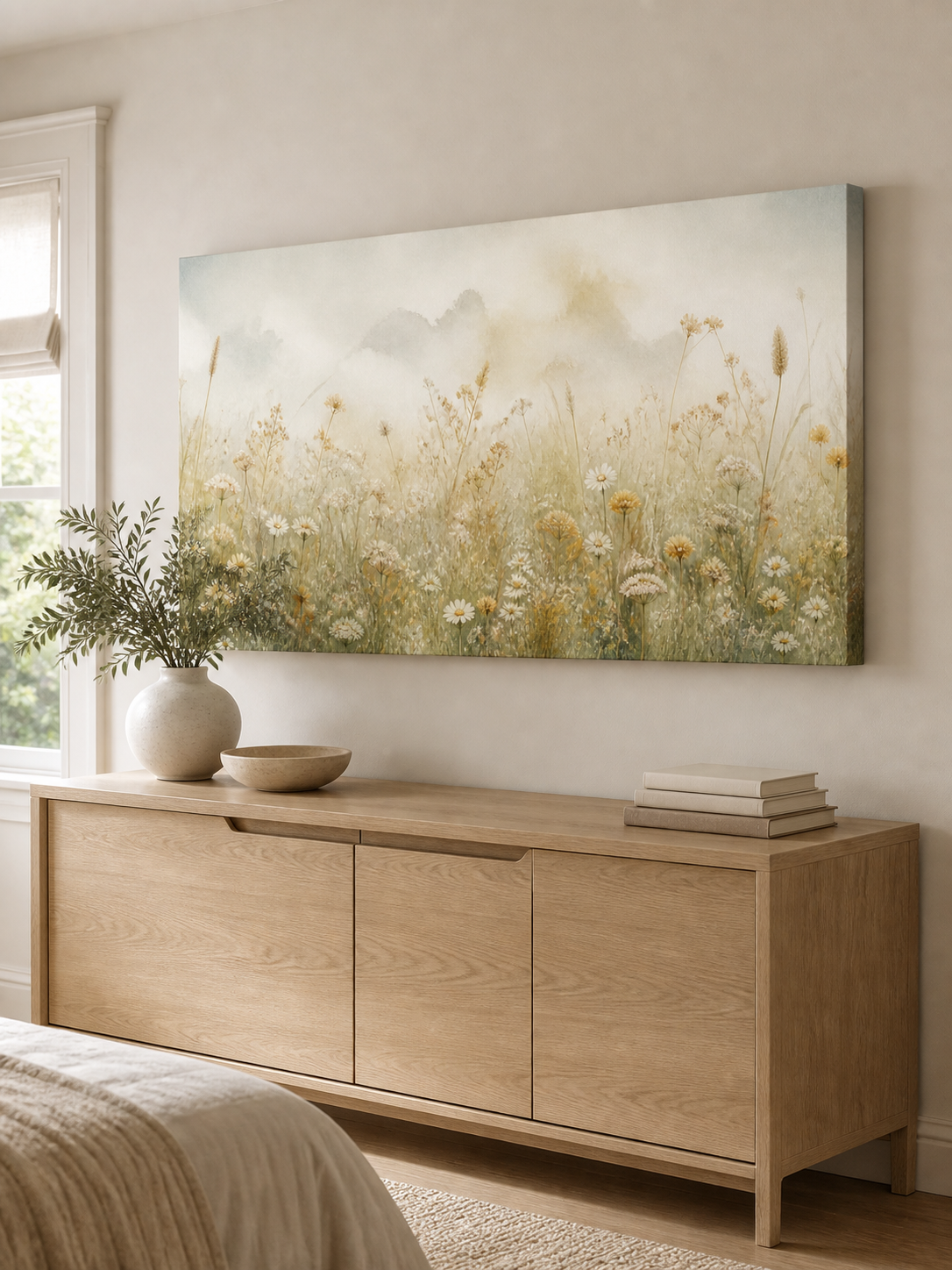 Quiet Wildflower Meadow stretched canvas wall art from a left interior angle