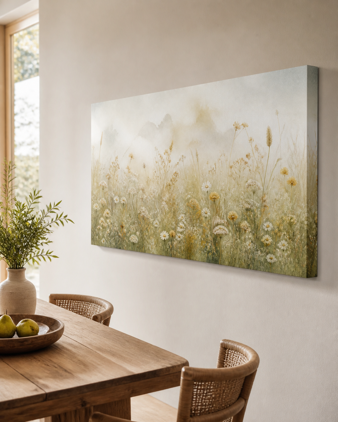 Quiet Wildflower Meadow stretched canvas wall art from a right interior angle